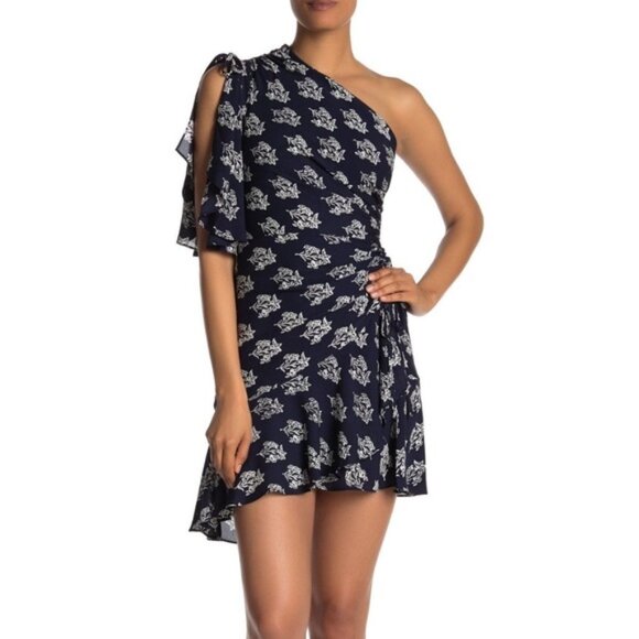 A.L.C. Silk Misha One-Shoulder Floral Mini Dress Navy Blue Size 6 - Picture 1 of 11